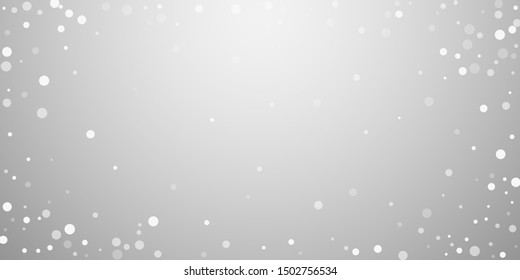 White dots Christmas background. Subtle flying snow flakes and stars on light grey background. Beautiful winter silver snowflake overlay template. Vibrant vector illustration.