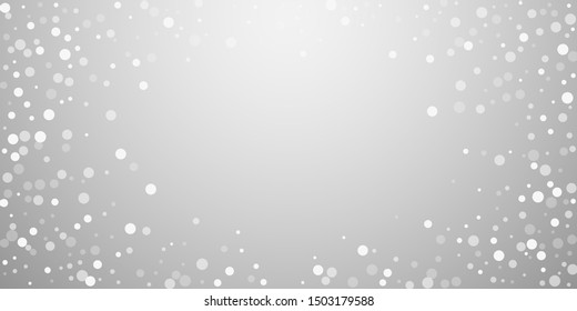 White dots Christmas background. Subtle flying snow flakes and stars on light grey background. Bewitching winter silver snowflake overlay template. Charming vector illustration.