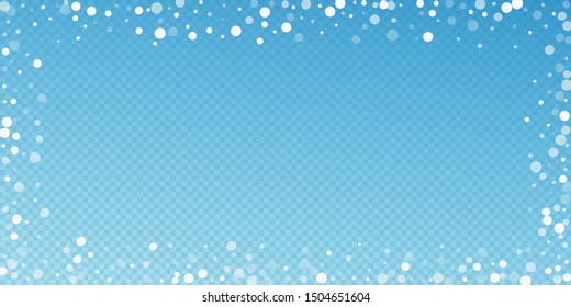 White dots Christmas background. Subtle flying snow flakes and stars on blue transparent background. Awesome winter silver snowflake overlay template. Radiant vector illustration.