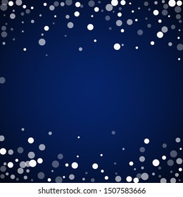 White dots Christmas background. Subtle flying snow flakes and stars on dark blue night background. Adorable winter silver snowflake overlay template. Graceful vector illustration.