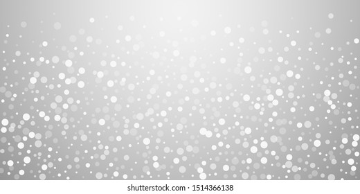 White dots Christmas background. Subtle flying snow flakes and stars on light grey background. Beautiful winter silver snowflake overlay template. Elegant vector illustration.