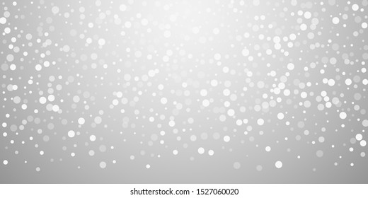 White Dots Christmas Background. Subtle Flying Snow Flakes And Stars On Light Grey Background. Beauteous Winter Silver Snowflake Overlay Template.  