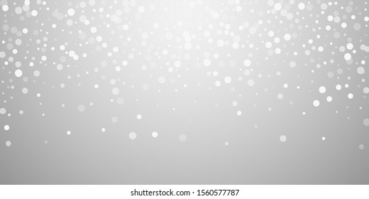 White dots Christmas background. Subtle flying snow flakes and stars on light grey background. Attractive winter silver snowflake overlay template. Ecstatic vector illustration.