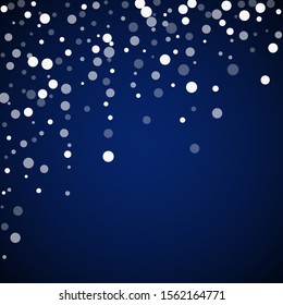 White dots Christmas background. Subtle flying snow flakes and stars on dark blue night background. Adorable winter silver snowflake overlay template. Remarkable vector illustration.