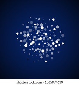 White dots Christmas background. Subtle flying snow flakes and stars on dark blue night background. Beauteous winter silver snowflake overlay template. Magnetic vector illustration.