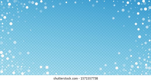 White dots Christmas background. Subtle flying snow flakes and stars on blue transparent background. Bewitching winter silver snowflake overlay template. Valuable vector illustration.