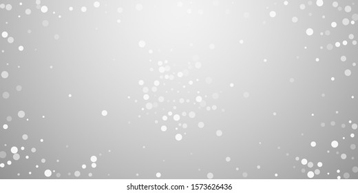White dots Christmas background. Subtle flying snow flakes and stars on light grey background. Artistic winter silver snowflake overlay template. Creative vector illustration.