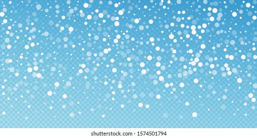 White dots Christmas background. Subtle flying snow flakes and stars on blue transparent background. Beauteous winter silver snowflake overlay template. Trending vector illustration.