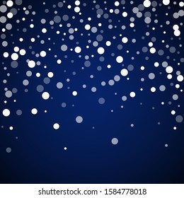 White dots Christmas background. Subtle flying snow flakes and stars on dark blue night background. Bizarre winter silver snowflake overlay template. Eminent vector illustration.