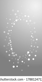 White dots Christmas background. Subtle flying snow flakes and stars on grey background. Admirable winter silver snowflake overlay template. Emotional vertical illustration.