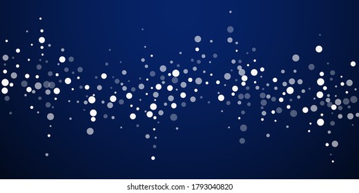 White dots Christmas background. Subtle flying snow flakes and stars on dark blue night background. Attractive winter silver snowflake overlay template. Positive vector illustration.