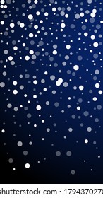 White dots Christmas background. Subtle flying snow flakes and stars on dark blue background. Appealing winter silver snowflake overlay template. Vibrant vertical illustration.