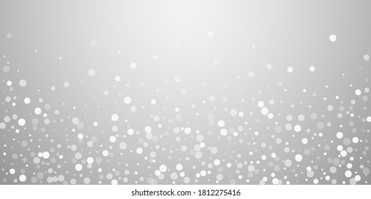 White dots Christmas background. Subtle flying snow flakes and stars on light grey background. Authentic winter silver snowflake overlay template. Favorable vector illustration.