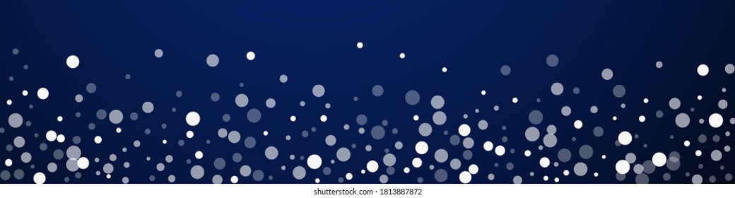 White dots Christmas background. Subtle flying snow flakes and stars on dark blue background. Breathtaking winter silver snowflake overlay template. Extraordinary panoramic illustration.