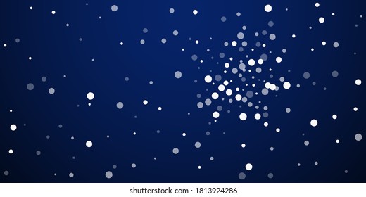 White dots Christmas background. Subtle flying snow flakes and stars on dark blue night background. Astonishing winter silver snowflake overlay template. Fetching vector illustration.