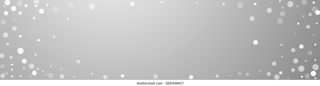 White dots Christmas background. Subtle flying snow flakes and stars on grey background. Captivating winter silver snowflake overlay template. Awesome panoramic illustration.