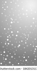 White dots Christmas background. Subtle flying snow flakes and stars on grey background. Amazing winter silver snowflake overlay template. Cute vertical illustration.