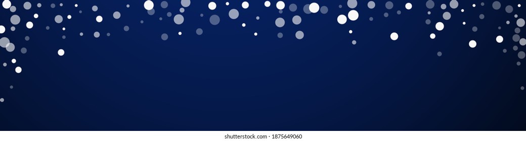 White dots Christmas background. Subtle flying snow flakes and stars on dark blue background. Breathtaking winter silver snowflake overlay template. Rare panoramic illustration.