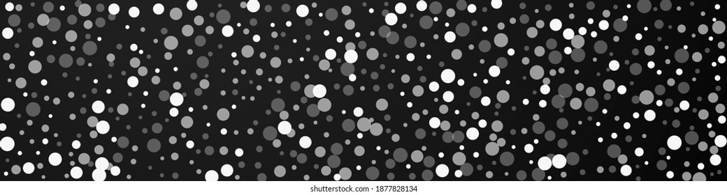 White dots Christmas background. Subtle flying snow flakes and stars on black background. Bizarre winter silver snowflake overlay template. Fair panoramic illustration.