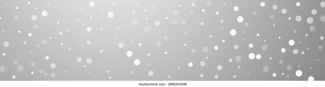 White dots Christmas background. Subtle flying snow flakes and stars on grey background. Bold winter silver snowflake overlay template. Pleasing panoramic illustration.