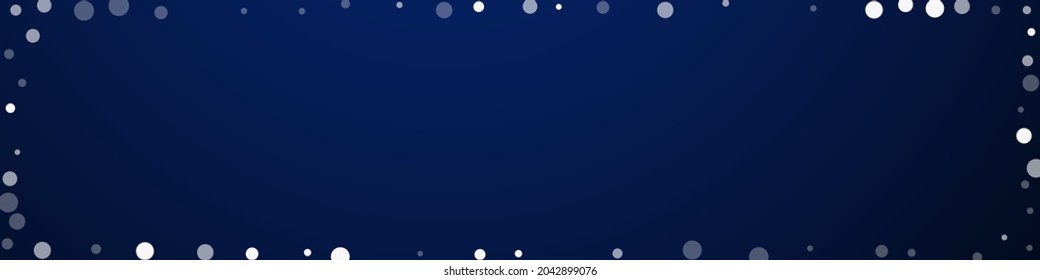 White dots Christmas background. Subtle flying snow flakes and stars on dark blue background. Brilliant winter silver snowflake overlay template. Delicate panoramic illustration.