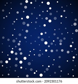 White dots Christmas background. Subtle flying snow flakes and stars on dark blue night background. Alive winter silver snowflake overlay template. Breathtaking vector illustration.
