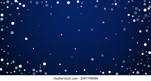 Los blancos marcan el fondo de la Navidad. Sutiles copos de nieve volando y estrellas en el fondo oscuro de la noche azul. Hermosa plantilla de overlay de copos de nieve de plata de invierno. Valiosa ilustración vectorial.