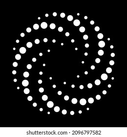 Puntos blancos en círculo sobre fondo negro. Fondo de media tonalidad de la espiral del resumen moderno. Resumen Del Diseño Moderno. Girar puntos mínimos en forma de círculo. Ilustración vectorial.