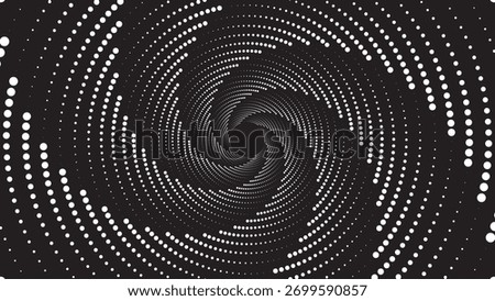 White dots forming a hypnotic spiral vortex pattern on a black background; abstract halftone tunnel