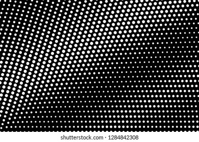 White dots on black background. Oversized halftone vector texture. Radial dotwork gradient for vintage effect. Monochrome halftone overlay. Perforated surface. Pop art style dot texture card