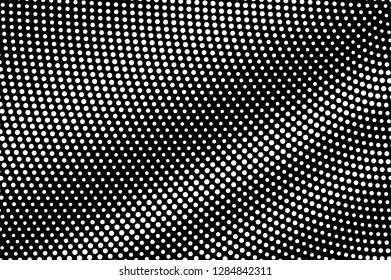 White dots on black background. Noisy halftone vector texture. Diagonal dotwork gradient for vintage effect. Monochrome halftone overlay. Perforated surface. Pop art style dot texture card