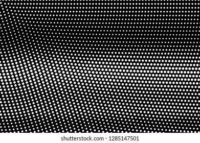 White dots on black background. Radial halftone vector texture. Horizontal dotwork gradient for vintage effect. Monochrome halftone overlay. Perforated surface. Pop art style dot texture card