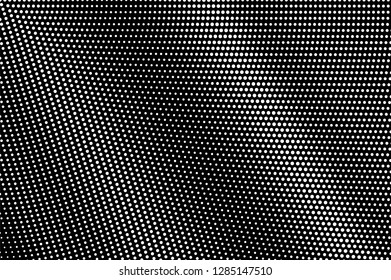 White dots on black background. Radial  halftone vector texture. Diagonal dotwork gradient for vintage effect. Monochrome halftone overlay. Perforated surface. Pop art style dot texture card