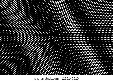 White dots on black background. Frequent halftone vector texture. Contrast dotwork gradient for vintage effect. Monochrome halftone overlay. Perforated surface. Pop art style dot texture card