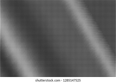 White dots on black background. Regular halftone vector texture. Diagonal dotwork gradient for vintage effect. Monochrome halftone overlay. Perforated surface. Pop art style dot texture card