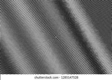 White dots on black background. Grungy halftone vector texture. Diagonal dotwork gradient for vintage effect. Monochrome halftone overlay. Perforated surface. Pop art style dot texture card