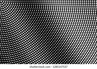 White dots on black background. Distressed halftone vector texture. Rough dotwork gradient for vintage effect. Monochrome halftone overlay. Perforated surface. Pop art style dot texture card