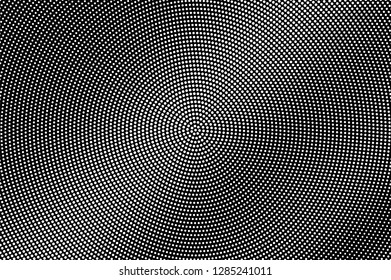 White dots on black background. Round halftone vector texture. Small dotwork gradient. Monochrome halftone overlay for vintage effect. Perforated surface. Pop art style dot texture card