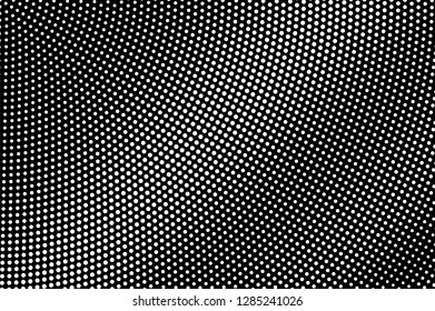 White dots on black background. Radial halftone vector texture. Messy dotwork gradient. Monochrome halftone overlay for vintage effect. Perforated surface. Pop art style dot texture card