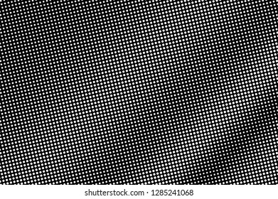 White dots on black background. Regular halftone vector texture. Diagonal dotwork gradient. Monochrome halftone overlay for vintage effect. Perforated surface. Pop art style dot texture card