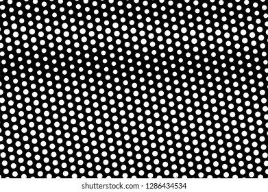 White dots on black background. Oversized halftone vector texture. Horizontal dotwork gradient. Monochrome halftone overlay for vintage design. Perforated surface. Pop art style dot texture card