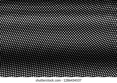 White dots on black background. Frequent radial halftone vector texture. Horizontal dotwork gradient. Monochrome halftone overlay for vintage design. Perforated surface. Pop art style dot texture card