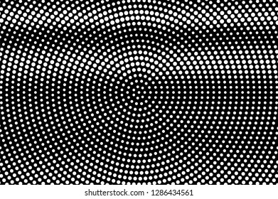 White dots on black background. Frequent round halftone vector texture. Horizontal dotwork gradient. Monochrome halftone overlay for vintage design. Perforated surface. Pop art style dot texture card
