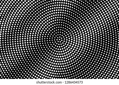 White dots on black background. Centered halftone vector texture. Diagonal dotwork gradient. Monochrome halftone overlay for vintage design. Perforated surface. Pop art style dot texture card