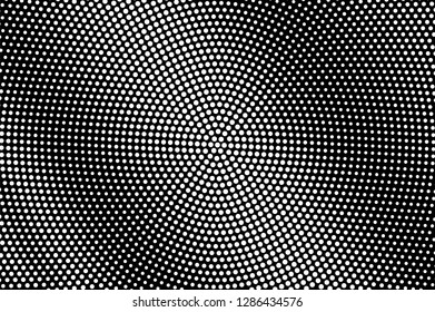 White dots on black background. Centered bright halftone vector texture. Diagonal dotwork gradient. Monochrome halftone overlay for vintage design. Perforated surface. Pop art style dot texture card