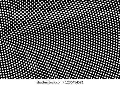 White dots on black background. Frequent radial halftone vector texture. Horizontal dotwork gradient. Monochrome halftone overlay for vintage design. Perforated surface. Pop art style dot texture card