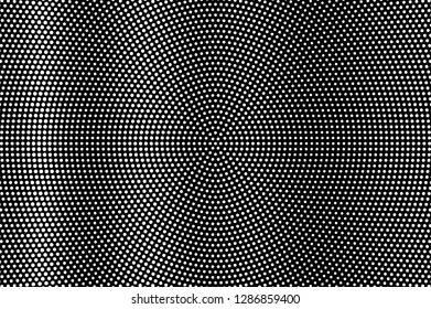 White dots on black background. Round centered halftone vector texture. Vertical dotwork gradient. Monochrome halftone overlay for vintage design. Perforated surface. Pop art style dot texture card