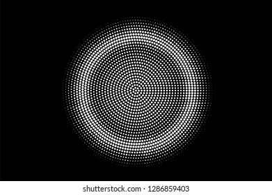 White dots on black background. Centered halftone vector texture. Round dark dotwork gradient. Monochrome halftone overlay for vintage design. Perforated surface. Pop art style dot texture card