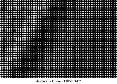 White dots on black background. Dark smooth halftone vector texture. Diagonal dotwork gradient. Monochrome halftone overlay for vintage design. Perforated surface. Pop art style dot texture card