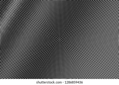 White dots on black background. Frequent centered halftone vector texture. Diagonal dotwork gradient. Monochrome halftone overlay for vintage design. Perforated surface. Pop art style dot texture card